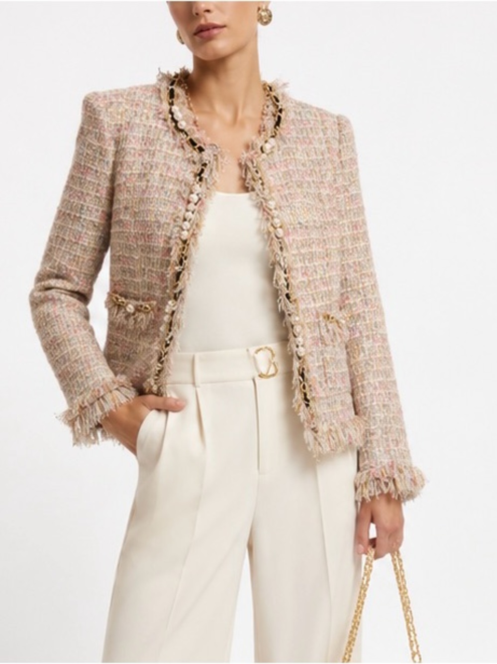 McGinn for Nordstrom Tweed Pearl Chain Fringe Jacket Blazer Size 8 Luxe Bouclé - Picture 2 of 12